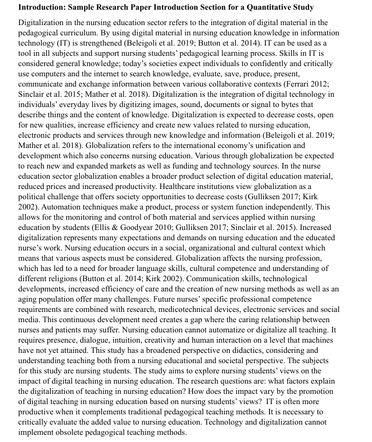 Sample Research Paper Introduction Section for a Quantitative Study