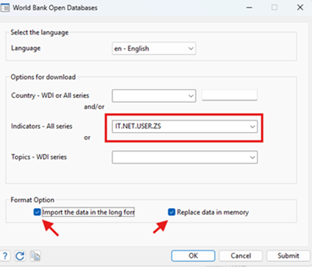 a screenshot of the wbopendata dialogue box after adding a world bank open data indicator